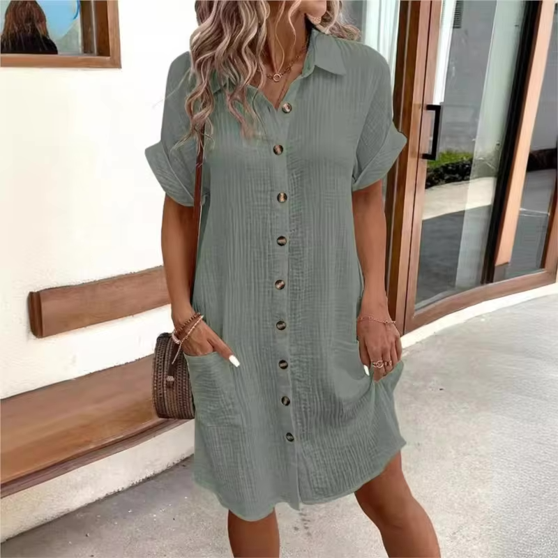 Women's Button Down Linen Shirt Dress With Pockets - Seldom Seen Styles