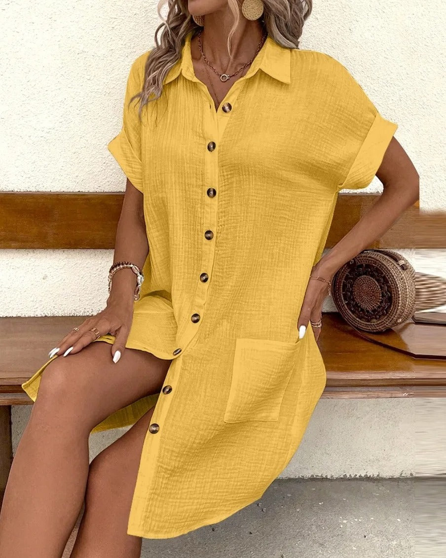Women's Button Down Linen Shirt Dress With Pockets - Seldom Seen Styles