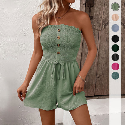 Women's Buttons Frill Trim Wide Leg Tube Romper, Casual Comfort Tie Front Shirred Sleeveless Romper, Rompers for Women, Summer Romper for Lady, Summer Outfits, Going Out Outfits 2024 - Seldom Seen Styles