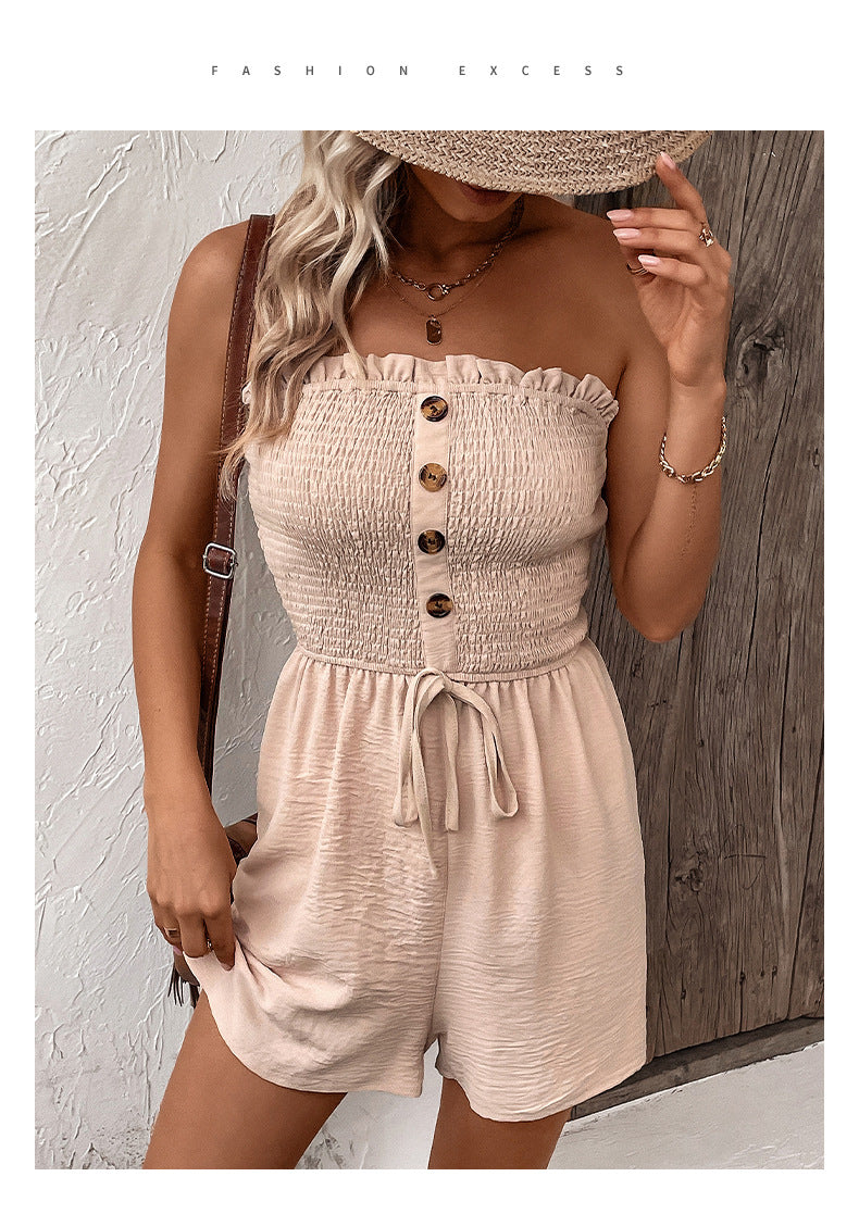 Women's Buttons Frill Trim Wide Leg Tube Romper, Casual Comfort Tie Front Shirred Sleeveless Romper, Rompers for Women, Summer Romper for Lady, Summer Outfits, Going Out Outfits 2024 - Seldom Seen Styles