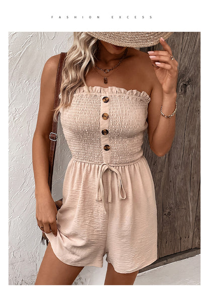 Women's Buttons Frill Trim Wide Leg Tube Romper, Casual Comfort Tie Front Shirred Sleeveless Romper, Rompers for Women, Summer Romper for Lady, Summer Outfits, Going Out Outfits 2024 - Seldom Seen Styles