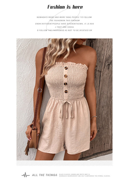 Women's Buttons Frill Trim Wide Leg Tube Romper, Casual Comfort Tie Front Shirred Sleeveless Romper, Rompers for Women, Summer Romper for Lady, Summer Outfits, Going Out Outfits 2024 - Seldom Seen Styles