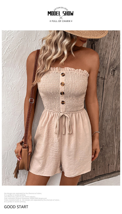 Women's Buttons Frill Trim Wide Leg Tube Romper, Casual Comfort Tie Front Shirred Sleeveless Romper, Rompers for Women, Summer Romper for Lady, Summer Outfits, Going Out Outfits 2024 - Seldom Seen Styles