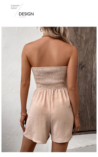 Women's Buttons Frill Trim Wide Leg Tube Romper, Casual Comfort Tie Front Shirred Sleeveless Romper, Rompers for Women, Summer Romper for Lady, Summer Outfits, Going Out Outfits 2024 - Seldom Seen Styles