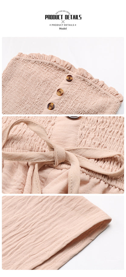 Women's Buttons Frill Trim Wide Leg Tube Romper, Casual Comfort Tie Front Shirred Sleeveless Romper, Rompers for Women, Summer Romper for Lady, Summer Outfits, Going Out Outfits 2024 - Seldom Seen Styles