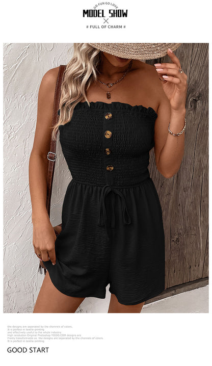 Women's Buttons Frill Trim Wide Leg Tube Romper, Casual Comfort Tie Front Shirred Sleeveless Romper, Rompers for Women, Summer Romper for Lady, Summer Outfits, Going Out Outfits 2024 - Seldom Seen Styles