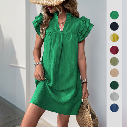 Women's Cap Sleeve Ruffle Trim Mini Dress Ruched Notched Neck Casual Basic Straight Dresses - Seldom Seen Styles