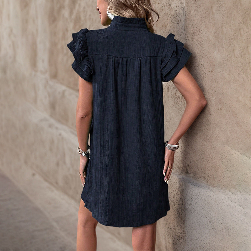 Women's Cap Sleeve Ruffle Trim Mini Dress Ruched Notched Neck Casual Basic Straight Dresses - Seldom Seen Styles