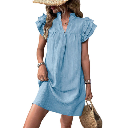 Women's Cap Sleeve Ruffle Trim Mini Dress Ruched Notched Neck Casual Basic Straight Dresses - Seldom Seen Styles