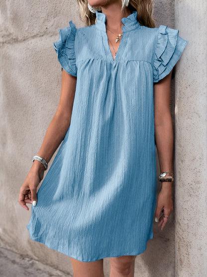 Women's Cap Sleeve Ruffle Trim Mini Dress Ruched Notched Neck Casual Basic Straight Dresses - Seldom Seen Styles