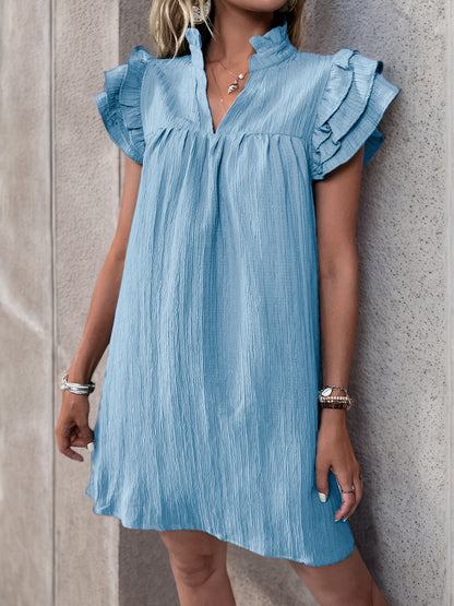 Women's Cap Sleeve Ruffle Trim Mini Dress Ruched Notched Neck Casual Basic Straight Dresses - Seldom Seen Styles