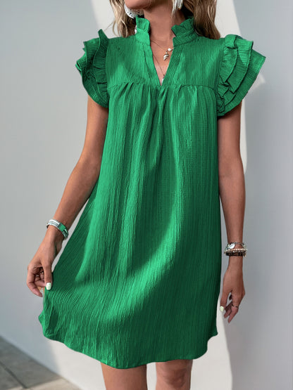 Women's Cap Sleeve Ruffle Trim Mini Dress Ruched Notched Neck Casual Basic Straight Dresses - Seldom Seen Styles