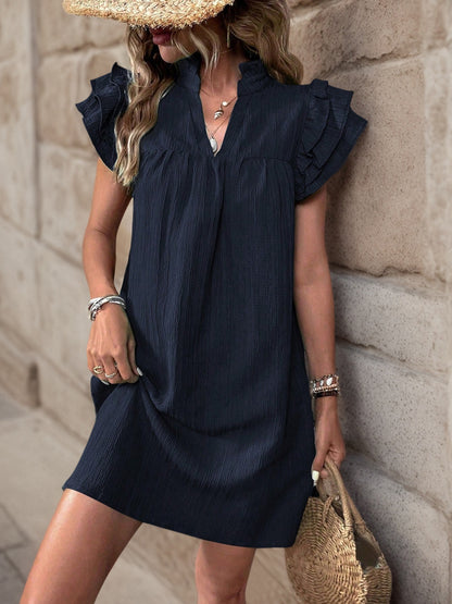 Women's Cap Sleeve Ruffle Trim Mini Dress Ruched Notched Neck Casual Basic Straight Dresses - Seldom Seen Styles