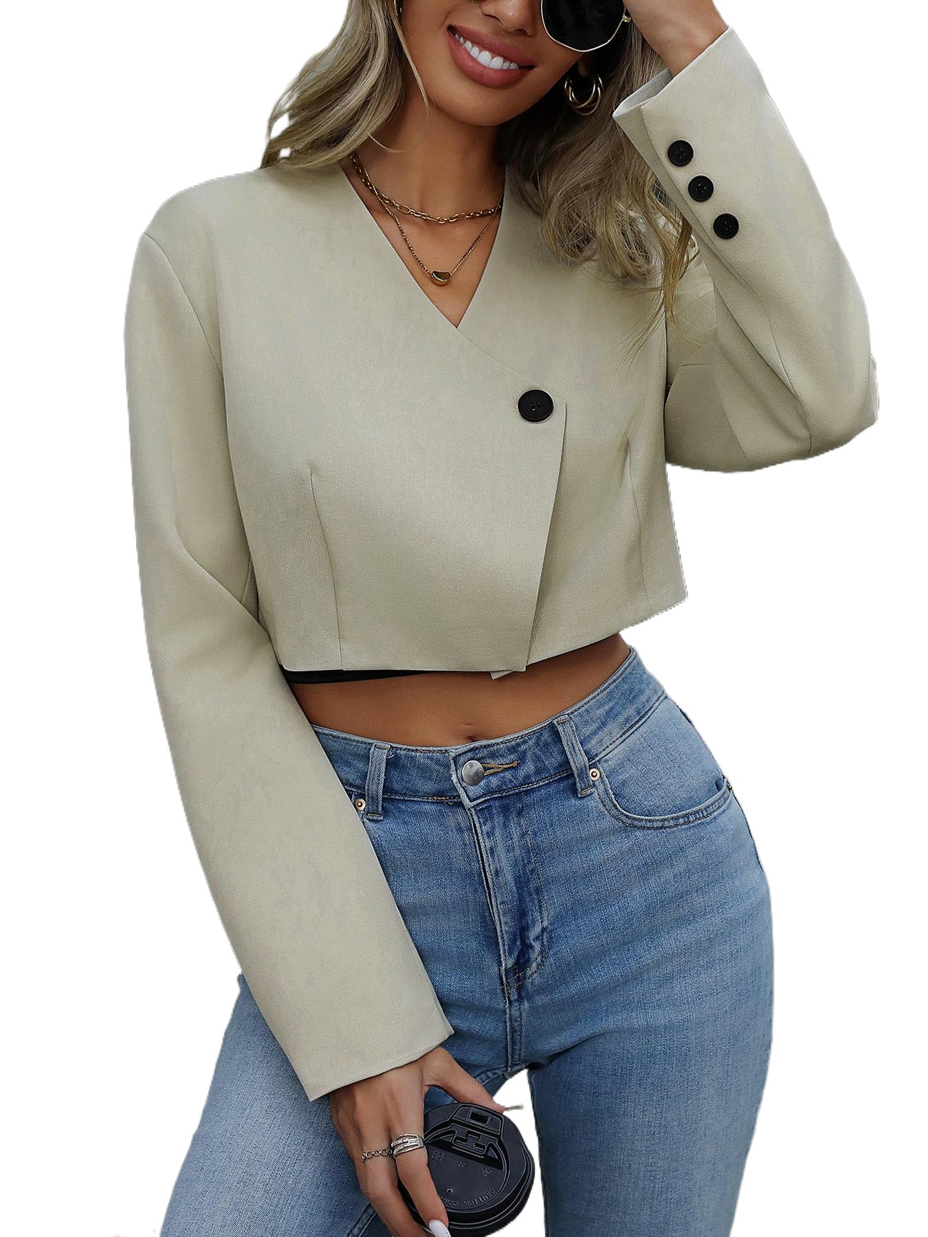 Women's Casual Cropped Blazer Lightweight Slim Fit Long Sleeve Crop Jacket Coat for Office Work - Seldom Seen Styles