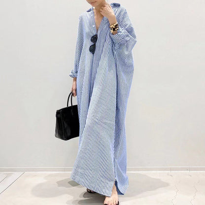 Women's Casual Long Sleeve Button Down Loose Striped Cotton Maxi Shirt Dress - Seldom Seen Styles
