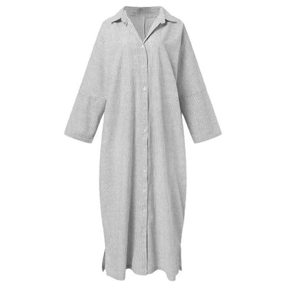 Women's Casual Long Sleeve Button Down Loose Striped Cotton Maxi Shirt Dress - Seldom Seen Styles