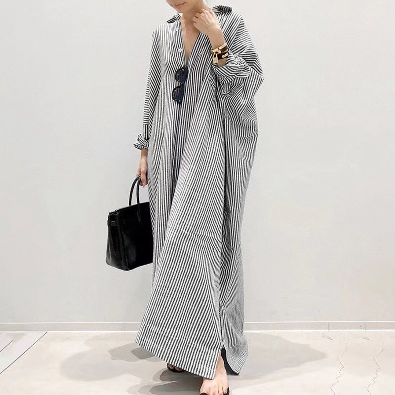 Women's Casual Long Sleeve Button Down Loose Striped Cotton Maxi Shirt Dress - Seldom Seen Styles