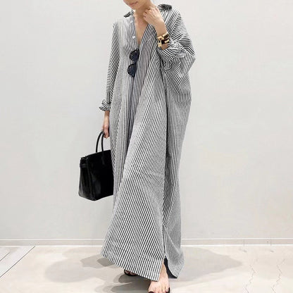 Women's Casual Long Sleeve Button Down Loose Striped Cotton Maxi Shirt Dress - Seldom Seen Styles