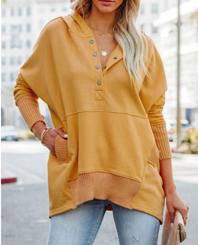 Women's Casual Oversized Sweatshirts Hoodies Button V Neck Long Sleeve Cotton Henley Pullover Hooded Tops 2025 Womenswear Winter Outfits Clothes - Seldom Seen Styles