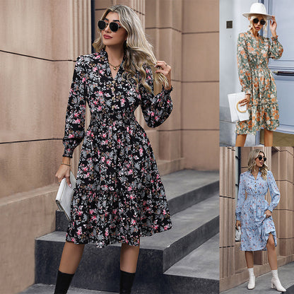 Women's Chiffon Floral Dress V Neck Midi Ruffle Long Sleeve A Line Casual - Seldom Seen Styles