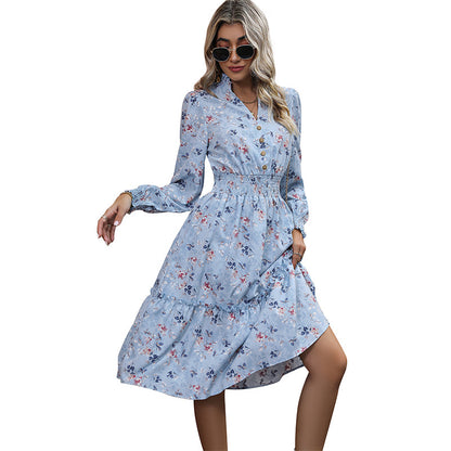 Women's Chiffon Floral Dress V Neck Midi Ruffle Long Sleeve A Line Casual - Seldom Seen Styles