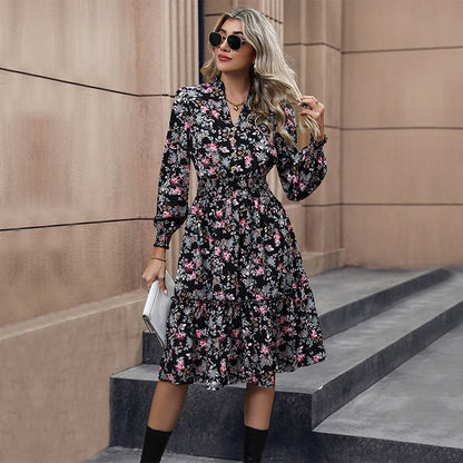 Women's Chiffon Floral Dress V Neck Midi Ruffle Long Sleeve A Line Casual - Seldom Seen Styles