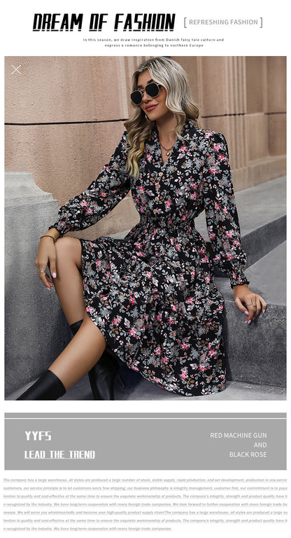 Women's Chiffon Floral Dress V Neck Midi Ruffle Long Sleeve A Line Casual - Seldom Seen Styles