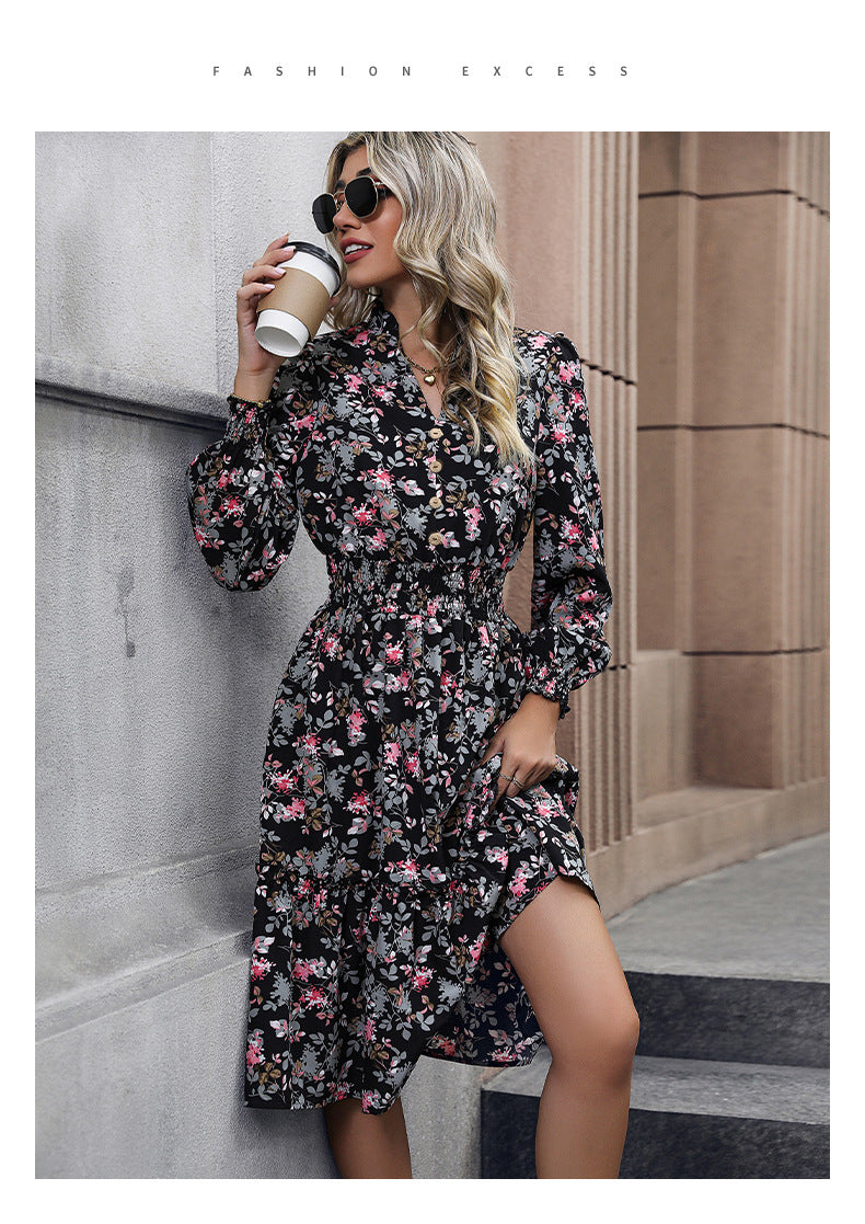 Women's Chiffon Floral Dress V Neck Midi Ruffle Long Sleeve A Line Casual - Seldom Seen Styles