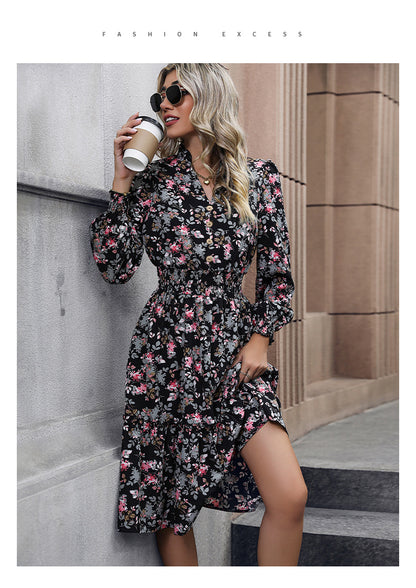 Women's Chiffon Floral Dress V Neck Midi Ruffle Long Sleeve A Line Casual - Seldom Seen Styles
