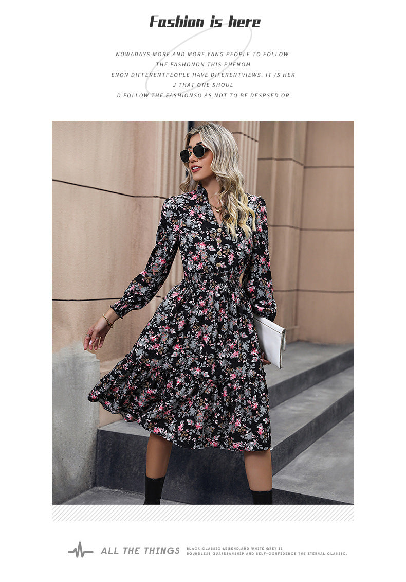 Women's Chiffon Floral Dress V Neck Midi Ruffle Long Sleeve A Line Casual - Seldom Seen Styles