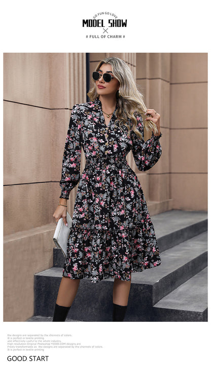 Women's Chiffon Floral Dress V Neck Midi Ruffle Long Sleeve A Line Casual - Seldom Seen Styles