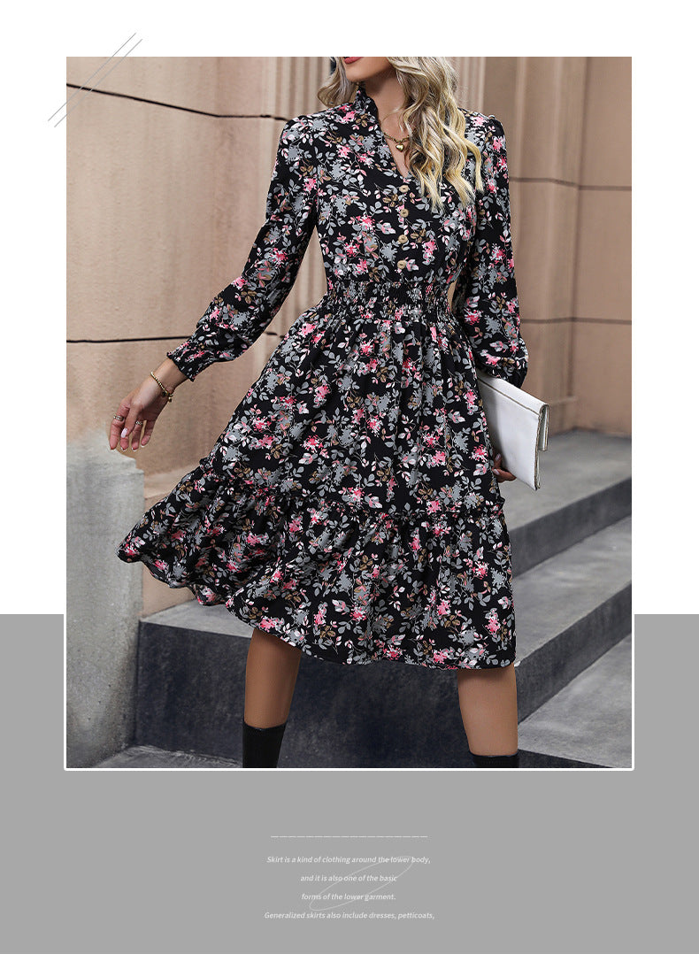 Women's Chiffon Floral Dress V Neck Midi Ruffle Long Sleeve A Line Casual - Seldom Seen Styles