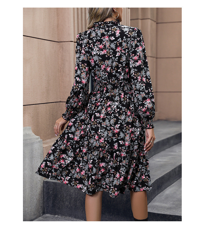 Women's Chiffon Floral Dress V Neck Midi Ruffle Long Sleeve A Line Casual - Seldom Seen Styles