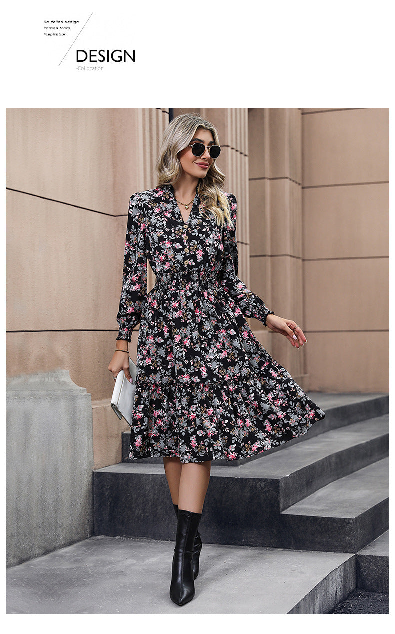Women's Chiffon Floral Dress V Neck Midi Ruffle Long Sleeve A Line Casual - Seldom Seen Styles