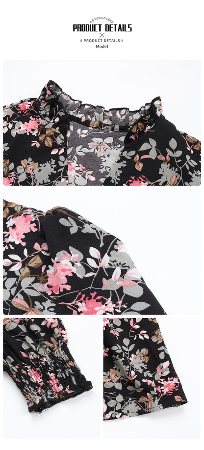 Women's Chiffon Floral Dress V Neck Midi Ruffle Long Sleeve A Line Casual - Seldom Seen Styles
