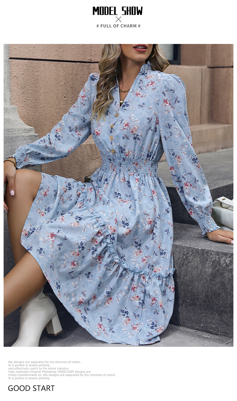 Women's Chiffon Floral Dress V Neck Midi Ruffle Long Sleeve A Line Casual - Seldom Seen Styles