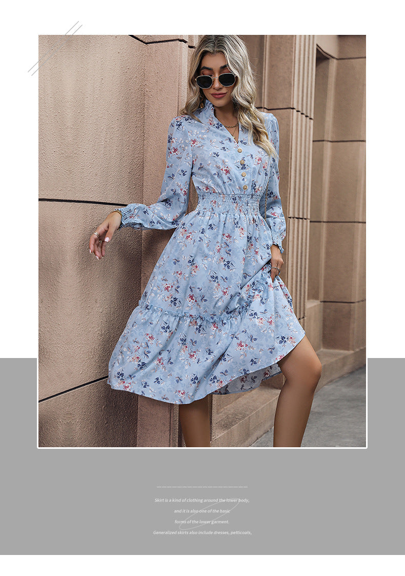 Women's Chiffon Floral Dress V Neck Midi Ruffle Long Sleeve A Line Casual - Seldom Seen Styles