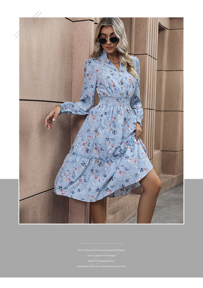 Women's Chiffon Floral Dress V Neck Midi Ruffle Long Sleeve A Line Casual - Seldom Seen Styles