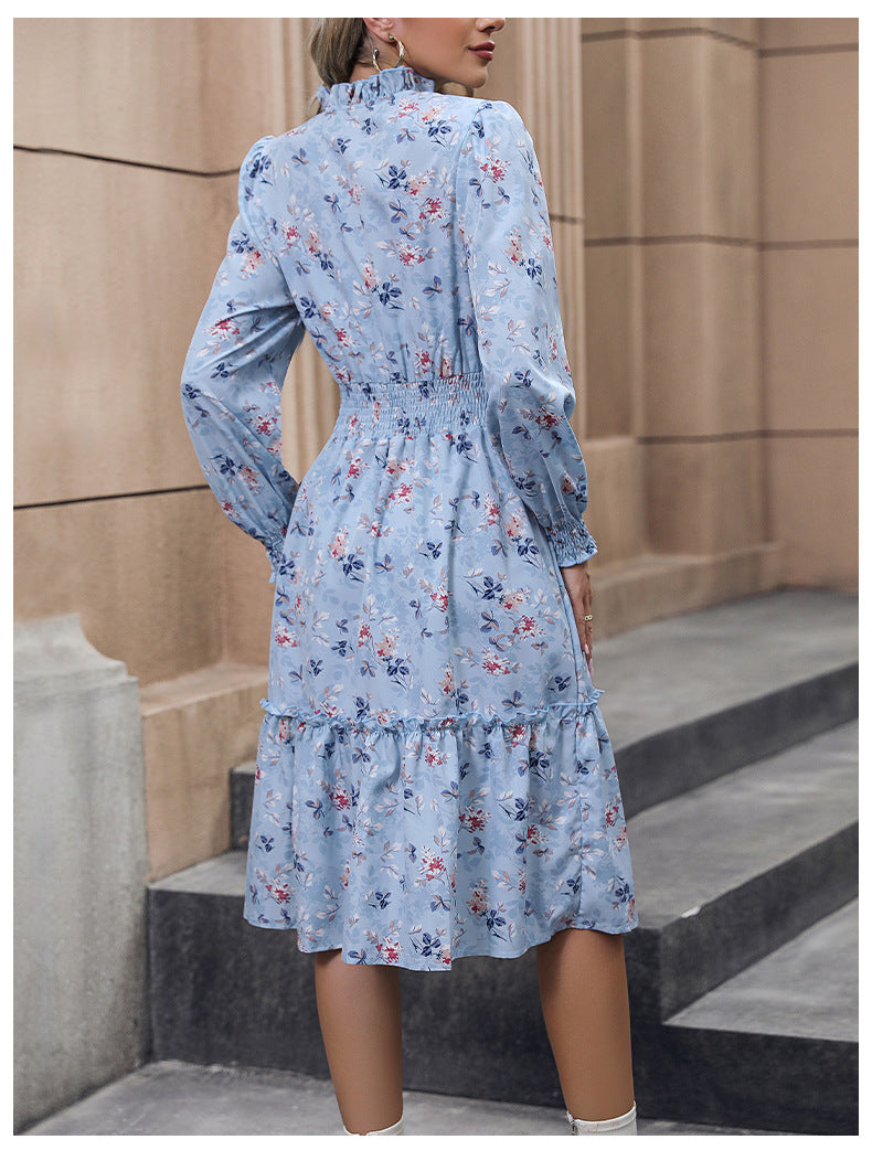 Women's Chiffon Floral Dress V Neck Midi Ruffle Long Sleeve A Line Casual - Seldom Seen Styles