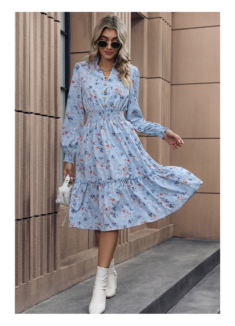 Women's Chiffon Floral Dress V Neck Midi Ruffle Long Sleeve A Line Casual - Seldom Seen Styles