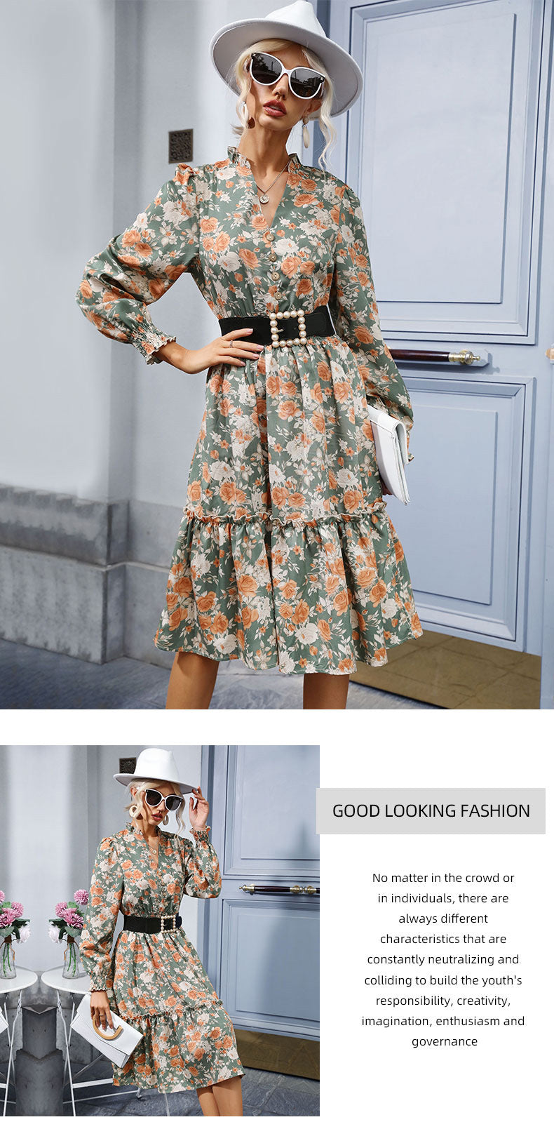 Women's Chiffon Floral Dress V Neck Midi Ruffle Long Sleeve A Line Casual - Seldom Seen Styles
