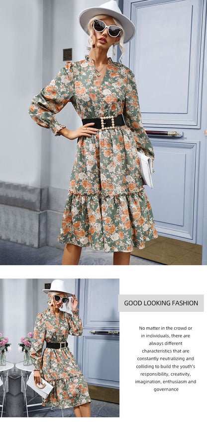 Women's Chiffon Floral Dress V Neck Midi Ruffle Long Sleeve A Line Casual - Seldom Seen Styles