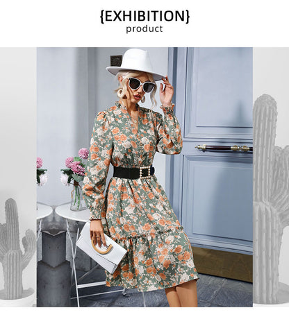 Women's Chiffon Floral Dress V Neck Midi Ruffle Long Sleeve A Line Casual - Seldom Seen Styles