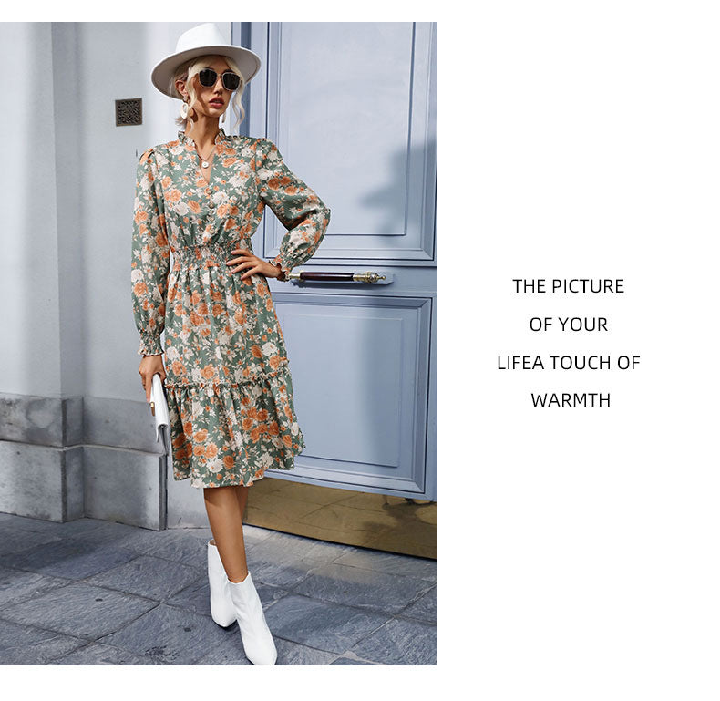 Women's Chiffon Floral Dress V Neck Midi Ruffle Long Sleeve A Line Casual - Seldom Seen Styles