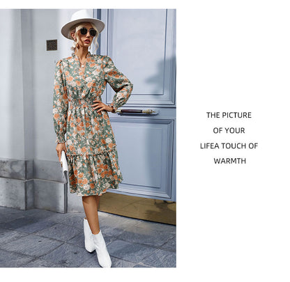 Women's Chiffon Floral Dress V Neck Midi Ruffle Long Sleeve A Line Casual - Seldom Seen Styles