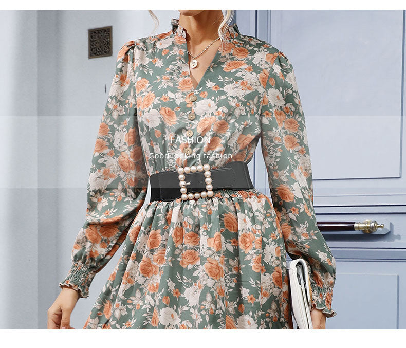 Women's Chiffon Floral Dress V Neck Midi Ruffle Long Sleeve A Line Casual - Seldom Seen Styles