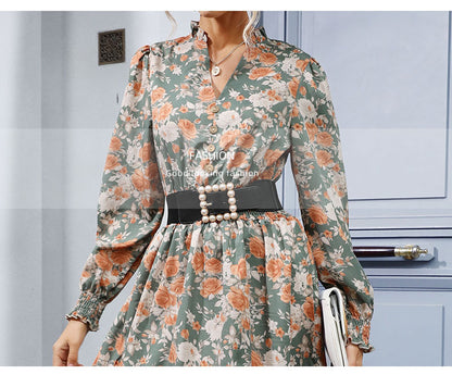 Women's Chiffon Floral Dress V Neck Midi Ruffle Long Sleeve A Line Casual - Seldom Seen Styles