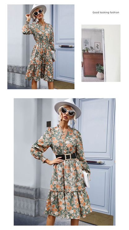 Women's Chiffon Floral Dress V Neck Midi Ruffle Long Sleeve A Line Casual - Seldom Seen Styles