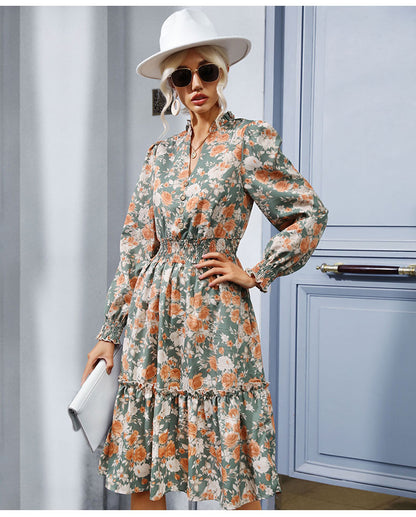 Women's Chiffon Floral Dress V Neck Midi Ruffle Long Sleeve A Line Casual - Seldom Seen Styles