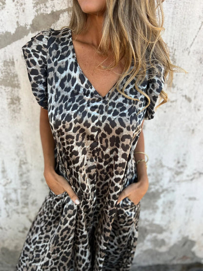 Women's Clothing2025Spring Leopard Print Flutter Sleeve Wide-Leg Jumpsuit - Seldom Seen Styles